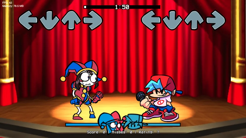 Pomni y Boyfriend se enfrentan ante el telón rojo en The Amazing Digital Funkin.